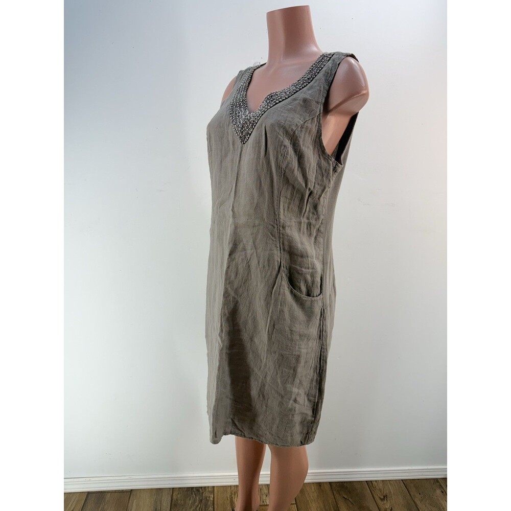 Lina Tomei Italy 100% Linen  Women Dress L Gray Beaded Sleeveless Shift V Neck - Picture 6 of 14